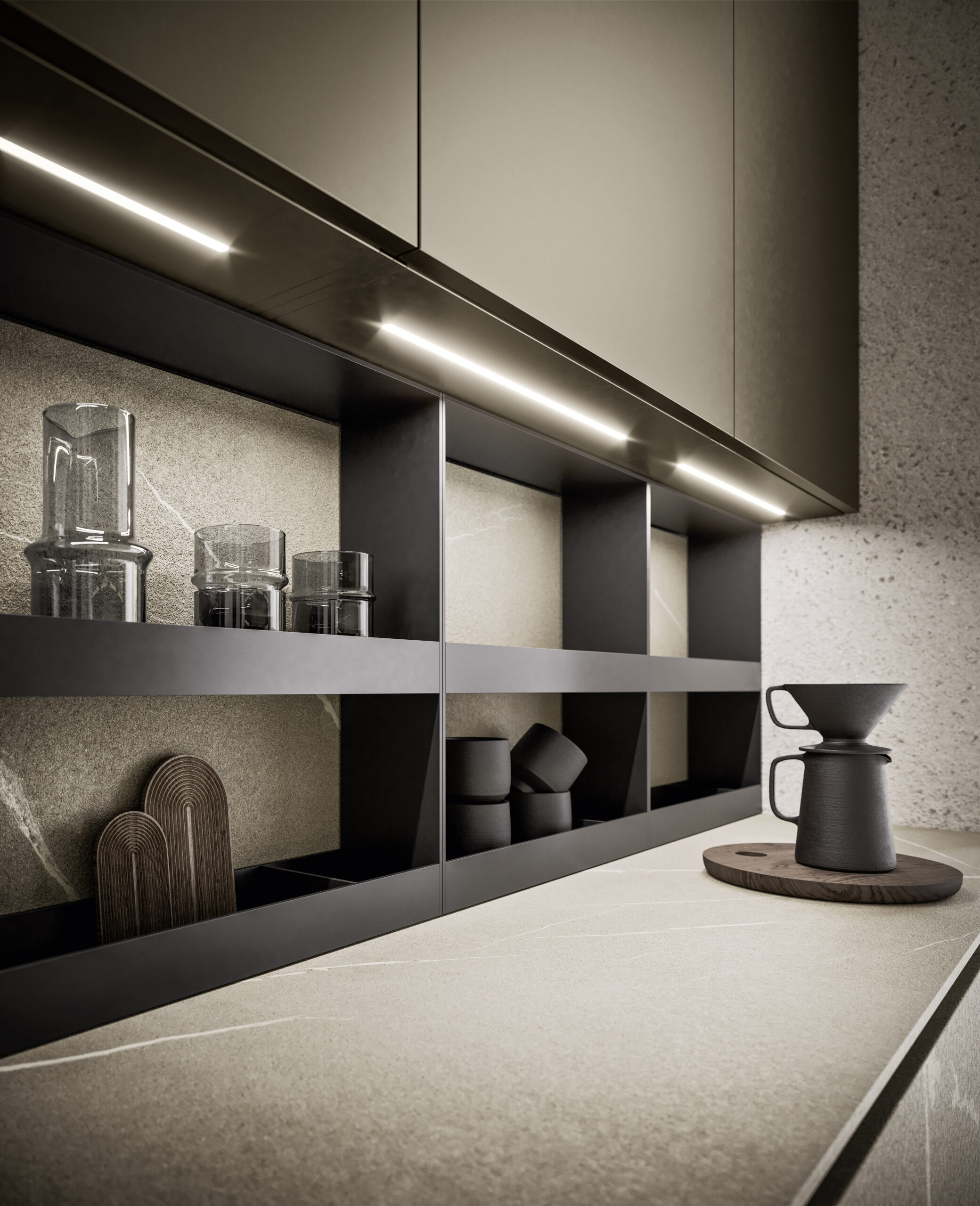 Illustration of layered lighting techniques in a luxury kitchen