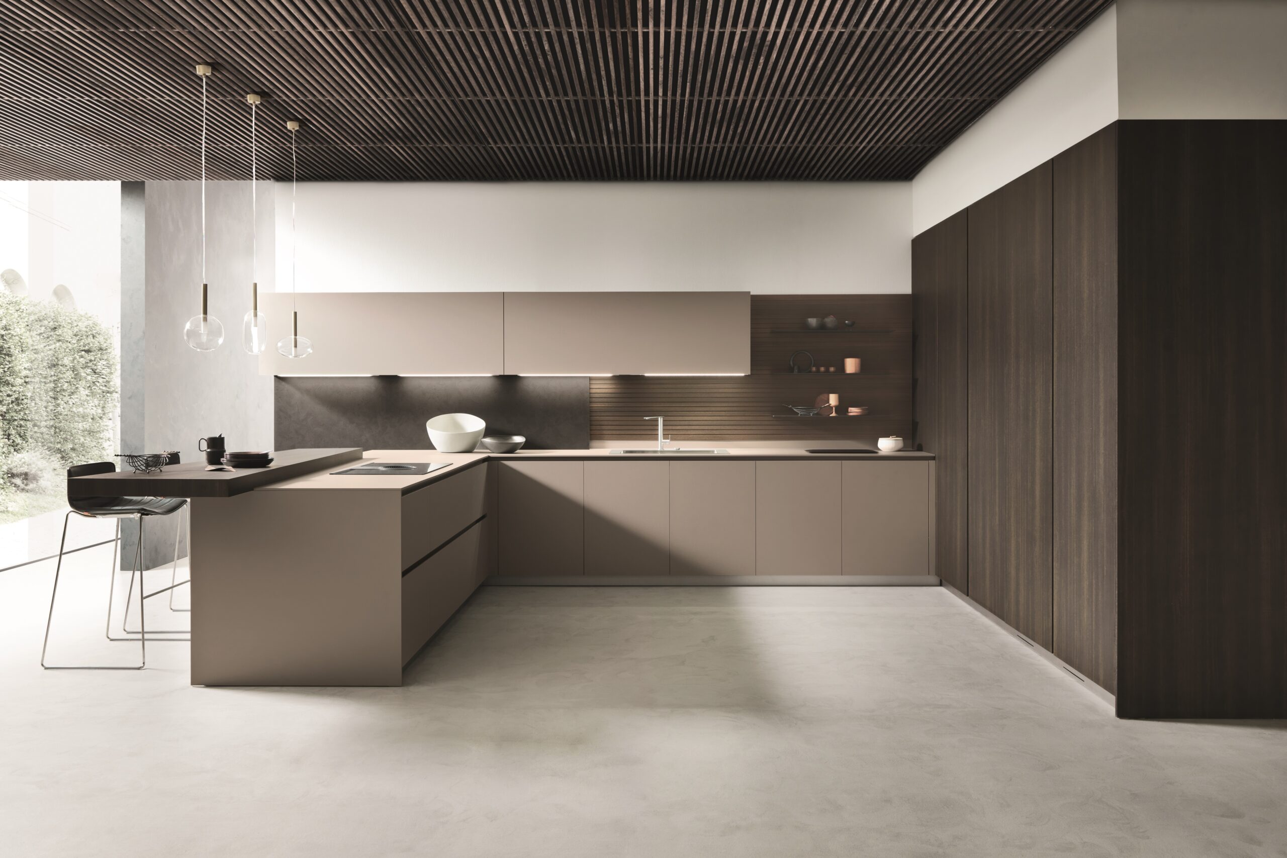 Professional-grade stove and sleek kitchen island in a luxury modern kitchen